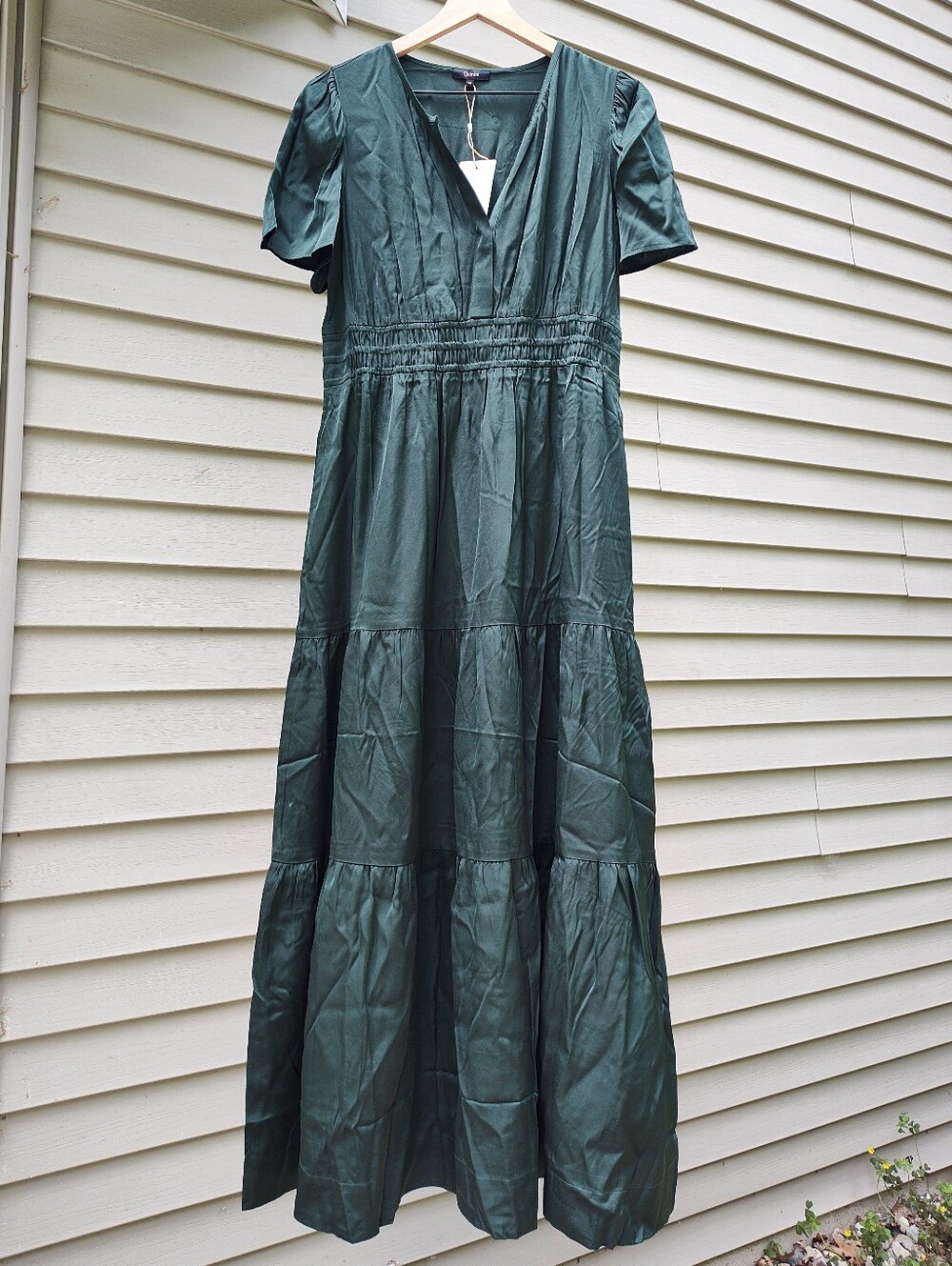 Quince Washable Silk Tiered Maxi Dress Dark Forest Green Basic Sleeved V Neck M